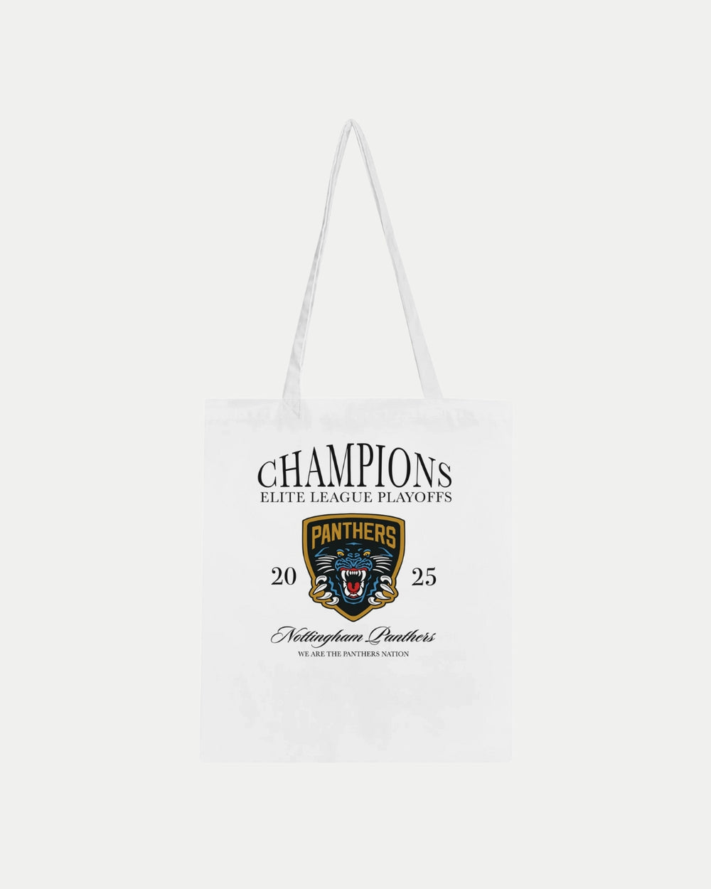 The Nottingham Panthers Made To Order Champions Elite League Playoffs 2025 Tote Bag White features the team logo and slogans, made from 100% cotton with long handles—perfect for eco-conscious supporters.