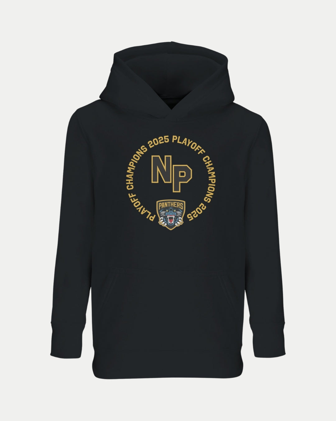 The Nottingham Panthers Made To Order NP 2025 Playoff Champions Kids Hoodie Black features gold NP text with “2025 Playoff Champions” and a small Panthers logo, letting young fans celebrate in style and comfort.