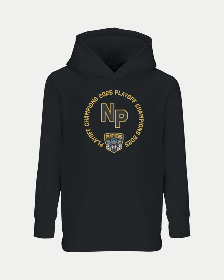 The Nottingham Panthers Made To Order NP 2025 Playoff Champions Kids Hoodie Black features gold NP text with “2025 Playoff Champions” and a small Panthers logo, letting young fans celebrate in style and comfort.