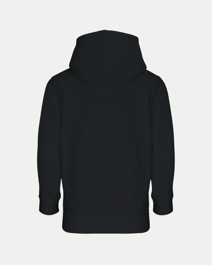 The Nottingham Panthers Made To Order NP 2025 Playoff Champions Kids Hoodie in black is shown from the back, featuring long sleeves and a relaxed fit against a white background.