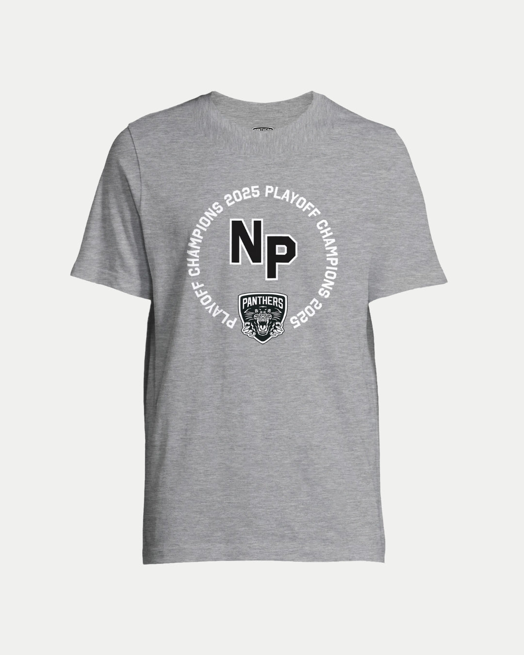 The Made To Order NP 2025 Playoff Champions T-Shirt Grey by Nottingham Panthers features bold NP, a panther head logo, and 2025 Playoff Champions in a circular design—perfect for dedicated fans.