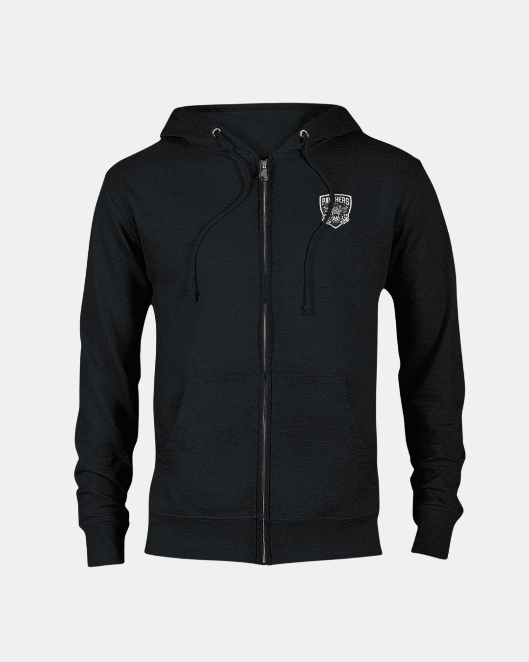 The Nottingham Panthers Made To Order NP 2025 Playoff Champions Zip Hoodie Black features organic cotton, two front pockets, a drawstring hood, and a small white chest logo, displayed against a plain light background.