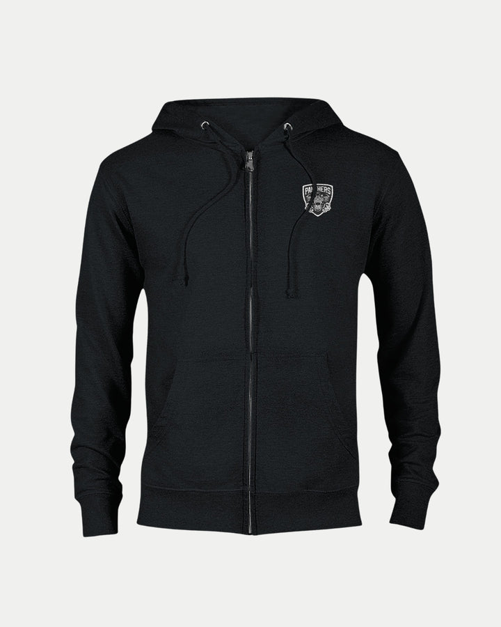 The Nottingham Panthers Made To Order NP 2025 Playoff Champions Zip Hoodie Black features organic cotton, two front pockets, a drawstring hood, and a small white chest logo, displayed against a plain light background.