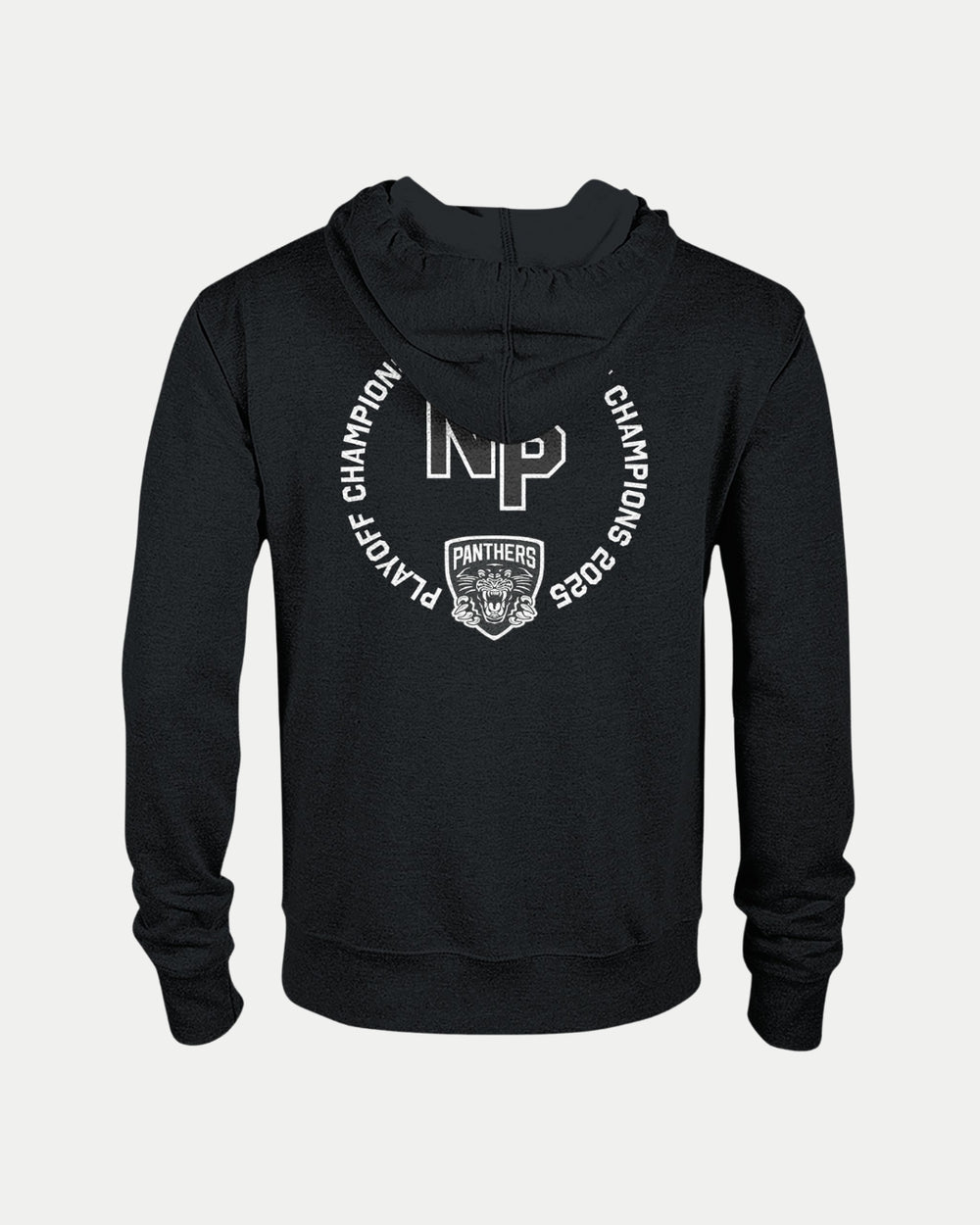 Celebrate your teams victory with the Nottingham Panthers Made To Order NP 2025 Playoff Champions Zip Hoodie in black, featuring NP and Panthers with a panther face logo—an eco-conscious way to show your championship pride.