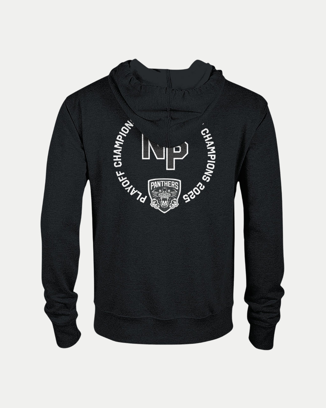 Celebrate your teams victory with the Nottingham Panthers Made To Order NP 2025 Playoff Champions Zip Hoodie in black, featuring NP and Panthers with a panther face logo—an eco-conscious way to show your championship pride.
