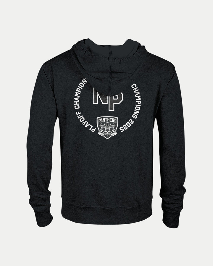 Celebrate your teams victory with the Nottingham Panthers Made To Order NP 2025 Playoff Champions Zip Hoodie in black, featuring NP and Panthers with a panther face logo—an eco-conscious way to show your championship pride.