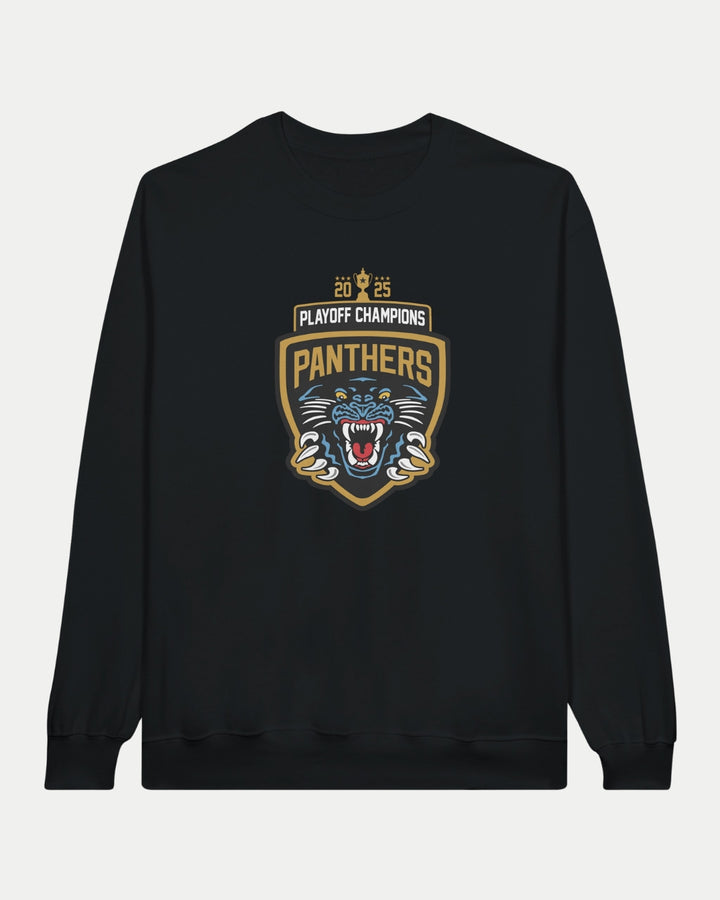 The Nottingham Panthers Made To Order 2025 Playoff Champions Adult Crewneck Sweatshirt in black features a classic fit and bold front logo with a roaring panther and gold shield.
