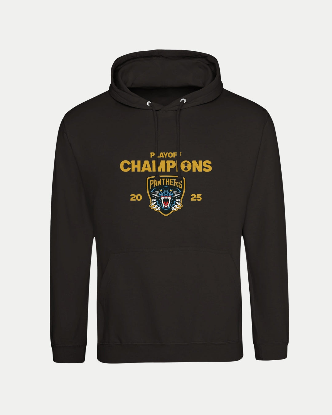 The Made To Order Playoff Champions Panthers 2025 Hoodie Black by Nottingham Panthers features gold Playoff Champions 2025 text, a panther logo, and Panthers on a blue banner; crafted from soft ringspun cotton for comfort.