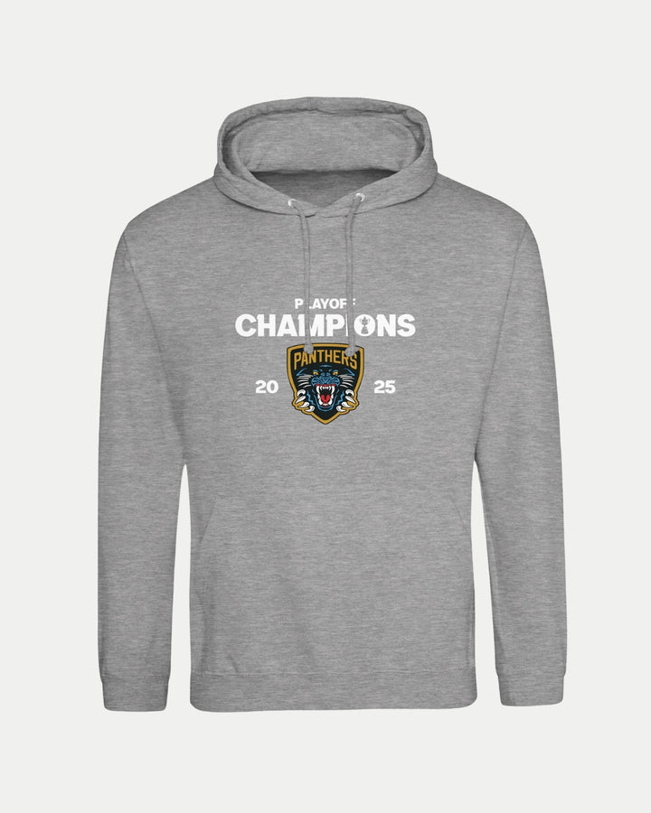The Nottingham Panthers Made To Order Playoff Champions Panthers 2025 Hoodie Grey features bold, colorful PANTHERS and PLAYOFF CHAMPIONS 2025 in white on soft ringspun cotton for a comfortable, unisex fit.