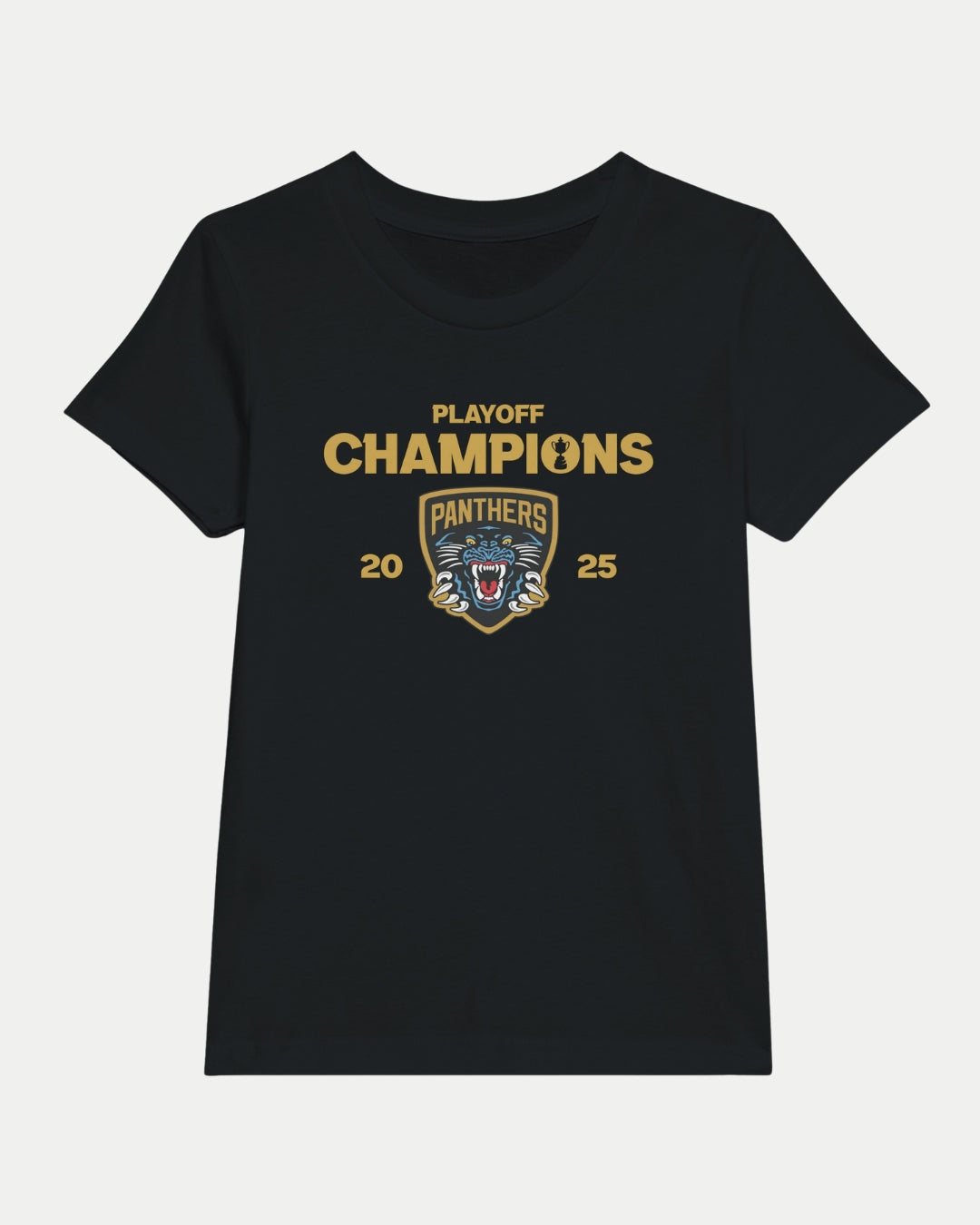 The Nottingham Panthers Made To Order Playoff Champions Panthers 2025 Kids Crewneck T-shirt in black features gold “PLAYOFF CHAMPIONS 2025,” a panther logo, and “PANTHERS”—offering a soft, perfect fit for young fans.
