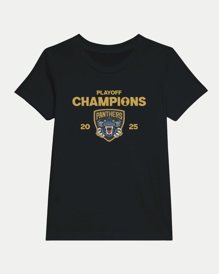 The Nottingham Panthers Made To Order Playoff Champions Panthers 2025 Kids Crewneck T-shirt in black features gold “PLAYOFF CHAMPIONS 2025,” a panther logo, and “PANTHERS”—offering a soft, perfect fit for young fans.