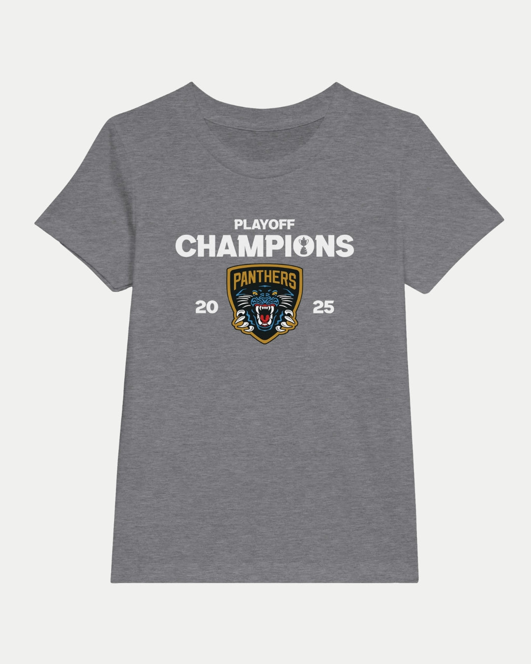 The Nottingham Panthers Made To Order Playoff Champions Panthers 2025 Kids Crewneck T-shirt in grey features “PLAYOFF CHAMPIONS 2025” in white, a stylized panther logo, and “PANTHERS” above the logo in gold and black—ideal for everyday wear.