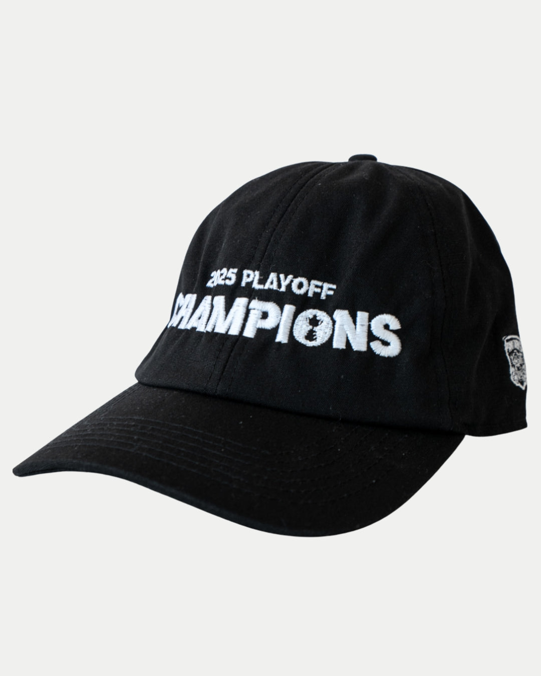 The Made To Order Playoff Champions Panthers 2025 Organic Cotton Dad Cap by Nottingham Panthers features black 100% organic cotton, white embroidered “2025 PLAYOFF CHAMPIONS” text, and comes against a plain white background.