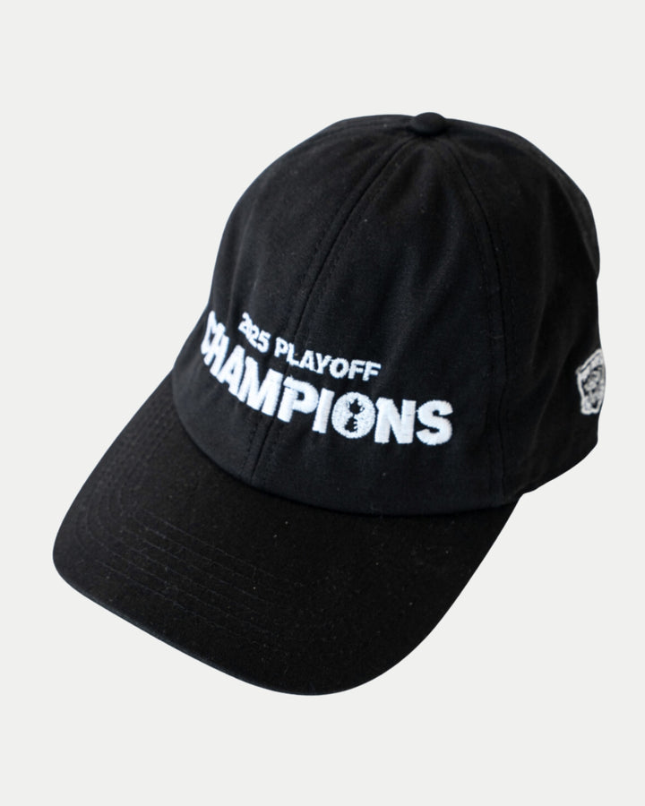 The Nottingham Panthers Made To Order Playoff Champions Panthers 2025 Organic Cotton Dad Cap in black & white features white embroidery, a curved brim, a side patch, and is made from 100% organic cotton.