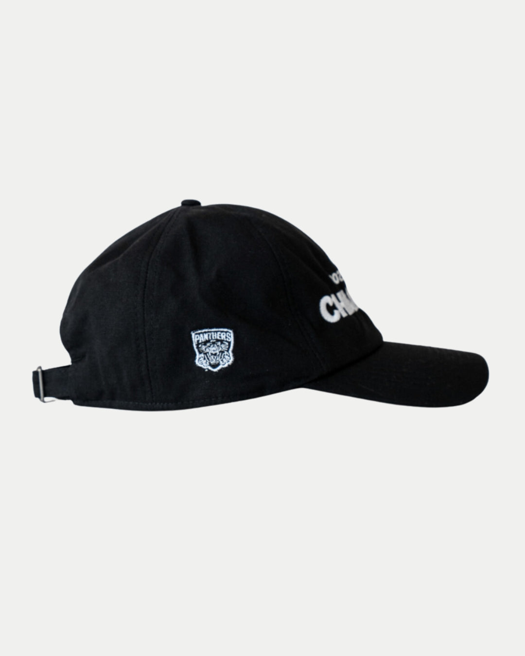The Made To Order Playoff Champions Panthers 2025 Organic Cotton Dad Cap from Nottingham Panthers features black & white embroidery, an adjustable strap, and a side logo patch. Crafted from 100% organic cotton, it’s eco-friendly and shown in profile on a plain background.