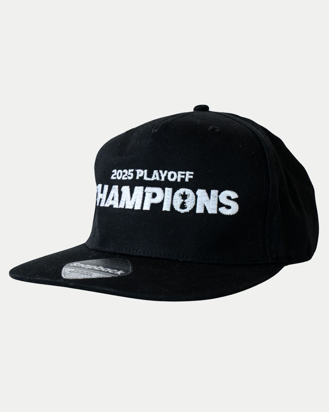 The Nottingham Panthers Made To Order Playoff Champions Panthers 2025 Retro Snapback Cap in Black & White is crafted from 100% cotton twill and features “2025 PLAYOFF CHAMPIONS” in white embroidery on the front, shown angled on a plain white background.