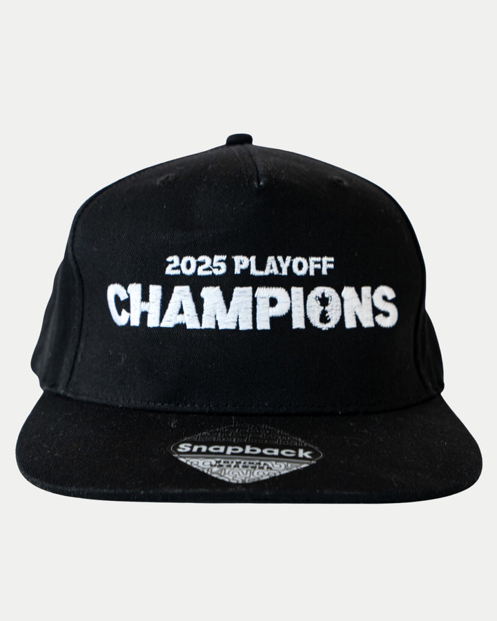 The Nottingham Panthers Made To Order Playoff Champions Panthers 2025 Retro Snapback Cap Black & White showcases bold white front embroidery, a flat brim with a Snapback sticker, and is crafted from 100% cotton twill.