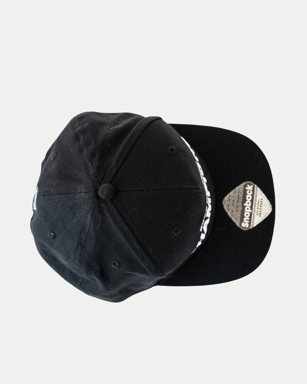 Top view of the Made To Order Playoff Champions Panthers 2025 Retro Snapback Cap Black & White by Nottingham Panthers, made from 100% cotton twill with a button on top and partially visible white text along the side.