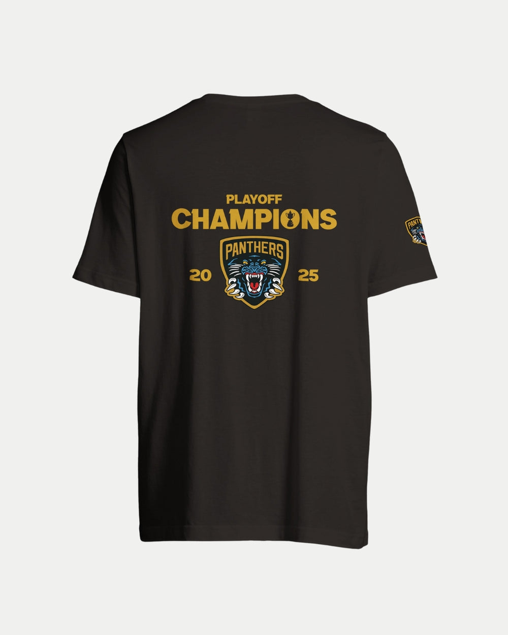 The Nottingham Panthers Made To Order Playoff Champions Panthers 2025 T-shirt in black features “PLAYOFF CHAMPIONS 2025” in gold and a panther logo on the back, plus a small eco-conscious logo on the left sleeve.