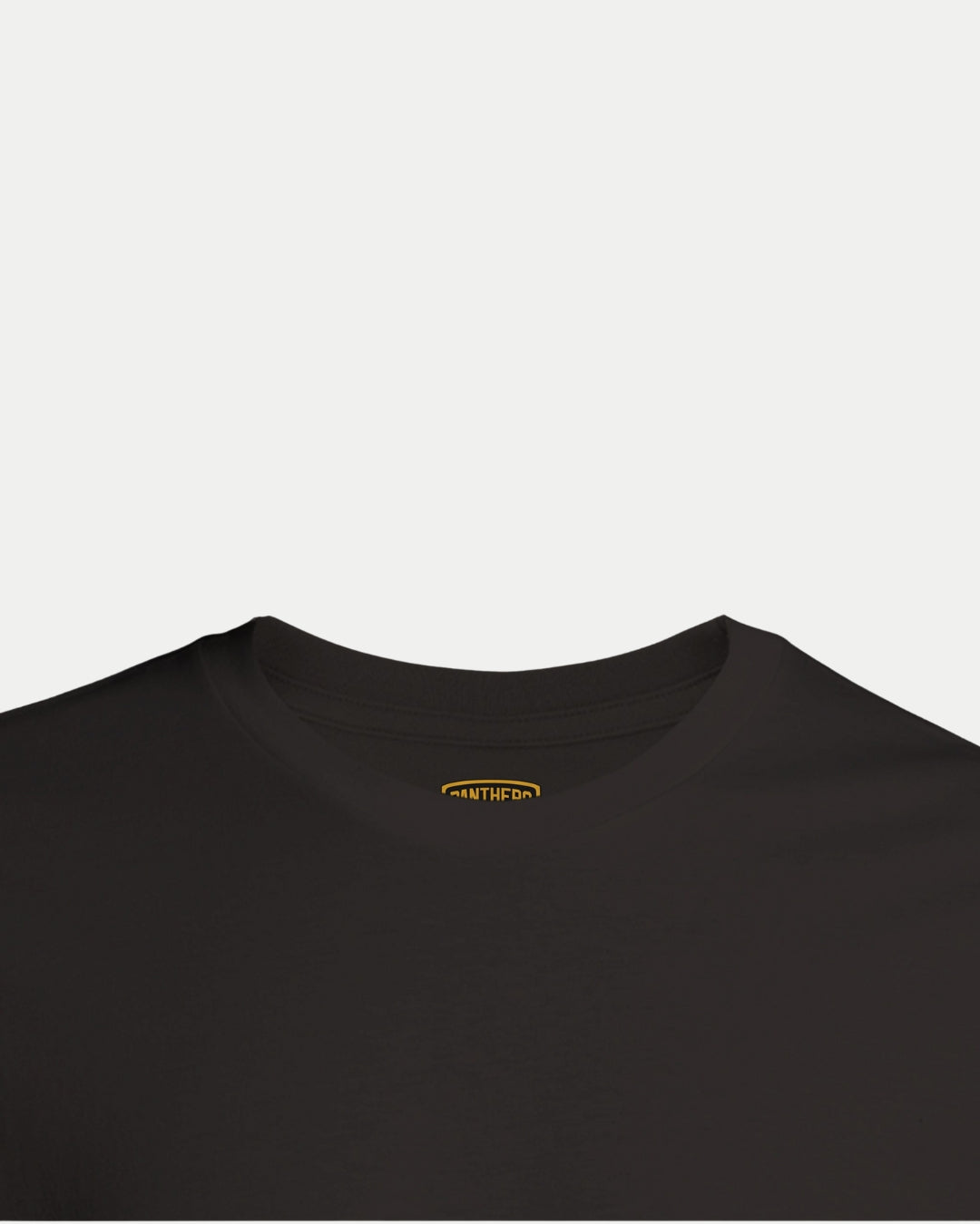 The Made To Order Playoff Champions Panthers 2025 T-shirt Black by Nottingham Panthers is a black unisex crew neck tee with a visible yellow and white inner collar tag, shown on a white background. This style combines comfort with eco-conscious design.