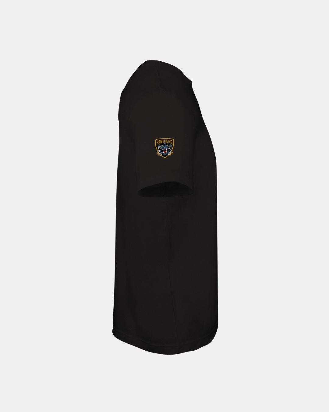 The Nottingham Panthers Made To Order Playoff Champions 2025 Black T-shirt is shown from the side, with a yellow and blue shield patch on the sleeve, set against a white background. This stylish unisex tee is made to order for a unique look.