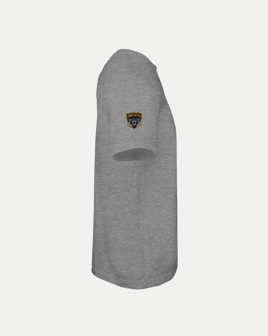 The Nottingham Panthers Made To Order Playoff Champions Panthers 2025 T-shirt in grey is a unisex, short-sleeve tee shown from a side angle, featuring a small colorful chest patch on a plain white background.