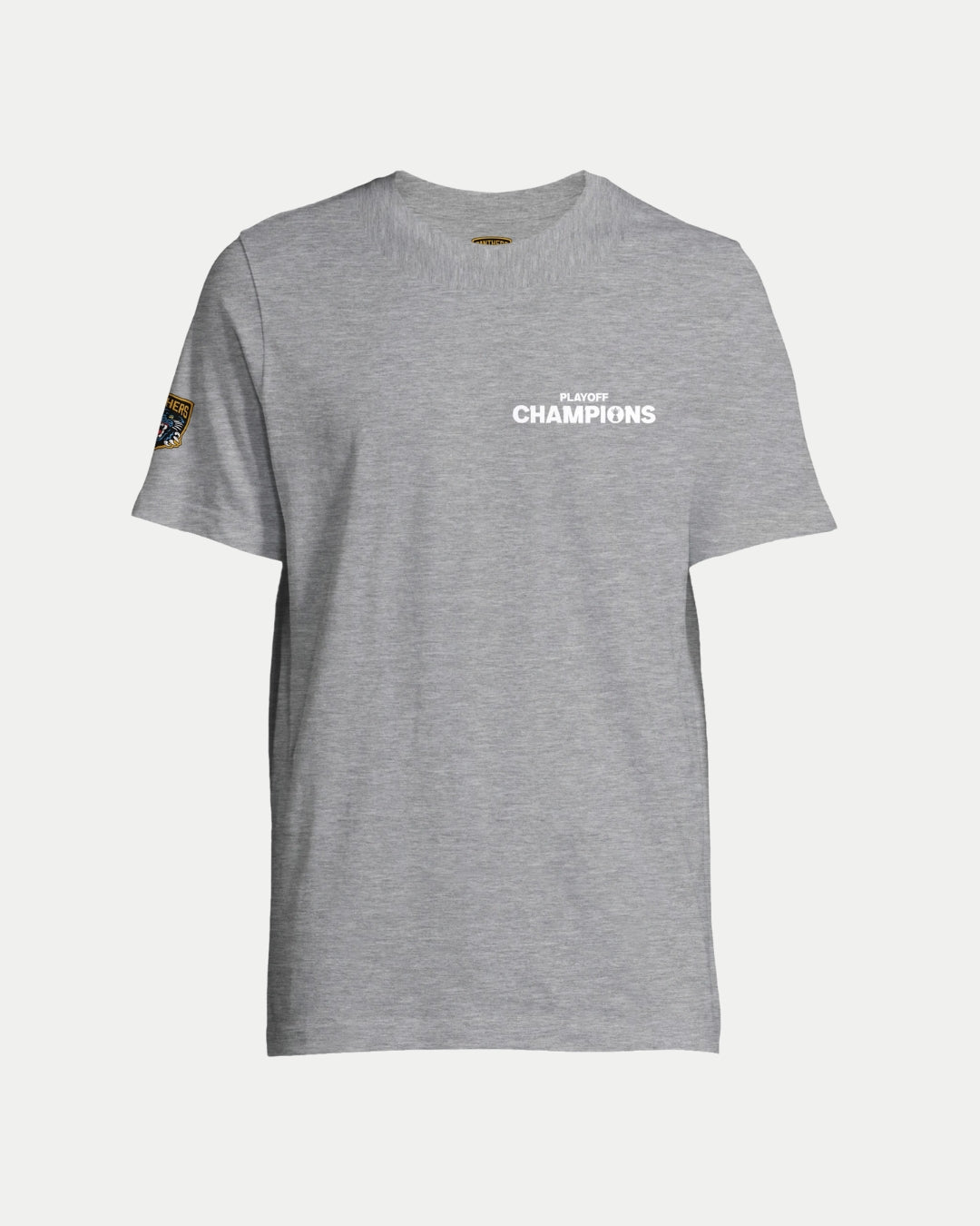 The Nottingham Panthers Made To Order Playoff Champions Panthers 2025 T-shirt Grey is a unisex heather gray tee with PLAYOFF CHAMPIONS in white on the left chest and a logo patch on the left sleeve.