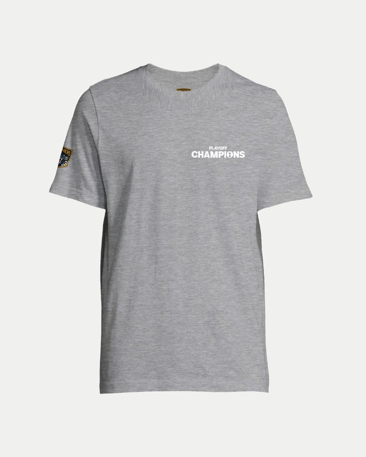 The Nottingham Panthers Made To Order Playoff Champions Panthers 2025 T-shirt Grey is a unisex heather gray tee with PLAYOFF CHAMPIONS in white on the left chest and a logo patch on the left sleeve.