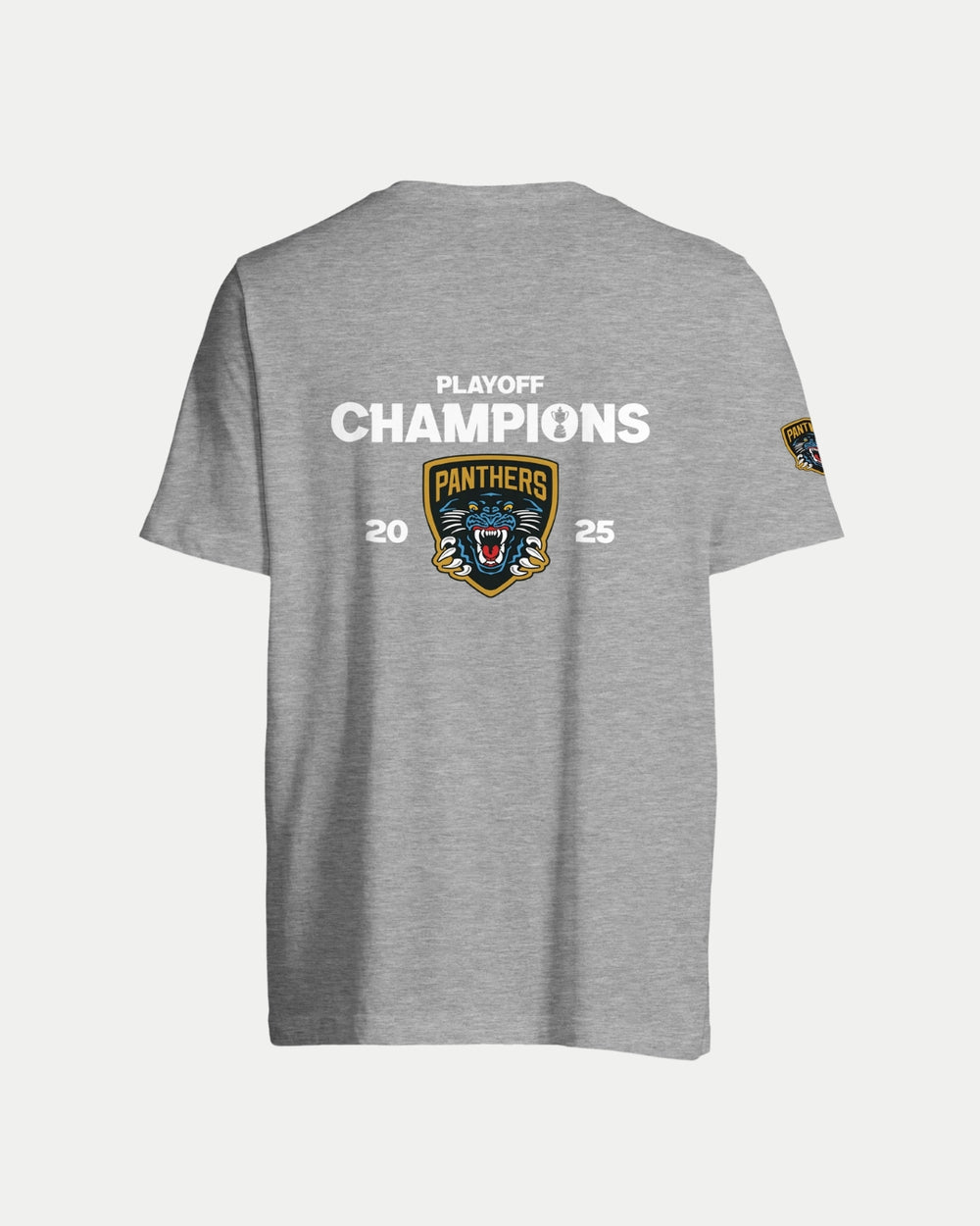 The Nottingham Panthers Made To Order Playoff Champions Panthers 2025 T-shirt in grey features bold PLAYOFF CHAMPIONS 2025 text, a colorful Panthers logo on the back, and a small logo patch on the left sleeve.