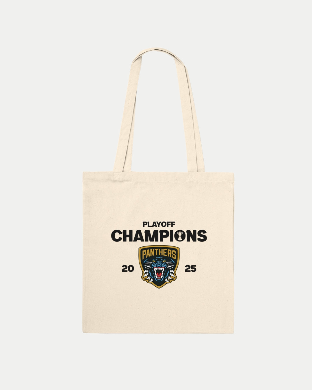 Carry your essentials in the Nottingham Panthers Made To Order Playoff Champions 2025 Tote Bag Natural, featuring bold black lettering and a roaring panther logo. This eco-conscious tote is perfect for everyday use.