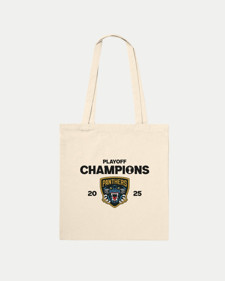 Carry your essentials in the Nottingham Panthers Made To Order Playoff Champions 2025 Tote Bag Natural, featuring bold black lettering and a roaring panther logo. This eco-conscious tote is perfect for everyday use.