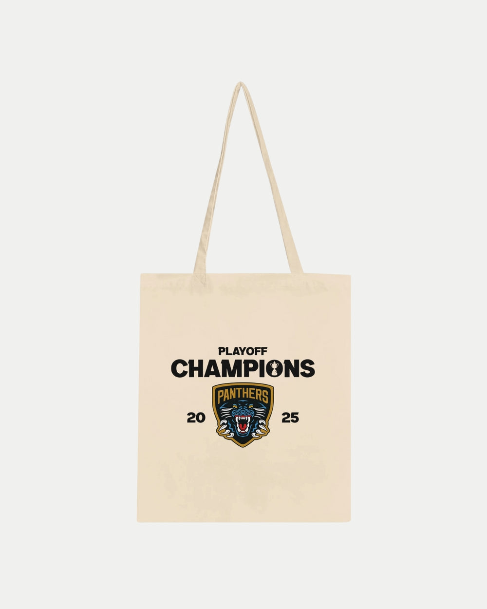 The Nottingham Panthers Made To Order Playoff Champions Panthers 2025 Tote Bag Natural features a beige, 100% cotton design with a panther logo—ideal for fans seeking an eco-friendly tote.