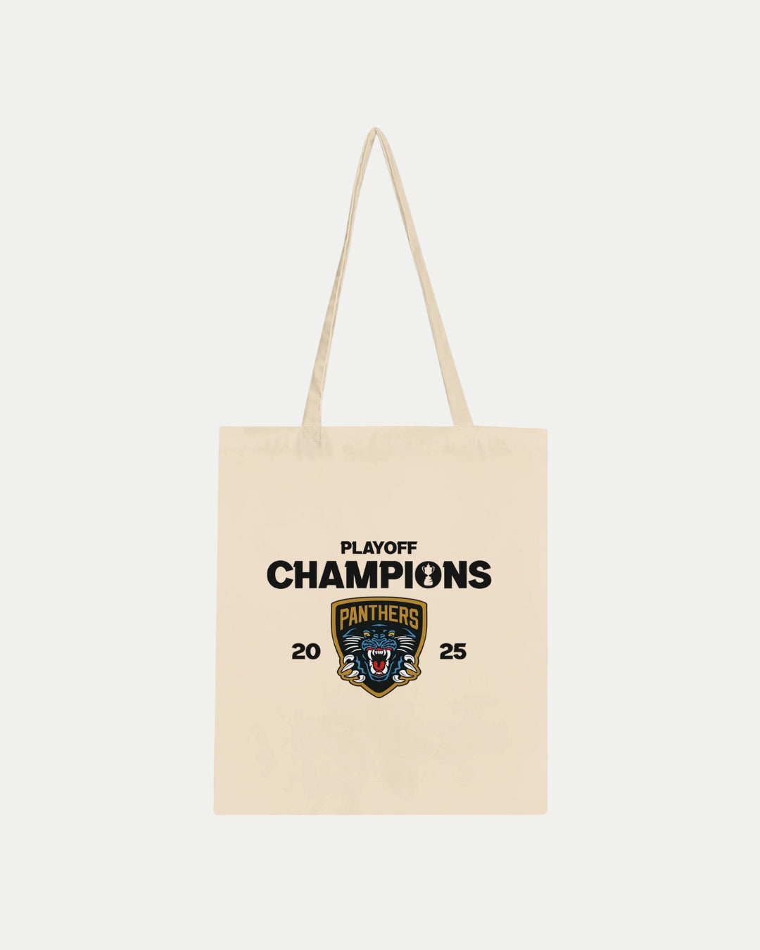 The Nottingham Panthers Made To Order Playoff Champions Panthers 2025 Tote Bag Natural features a beige, 100% cotton design with a panther logo—ideal for fans seeking an eco-friendly tote.