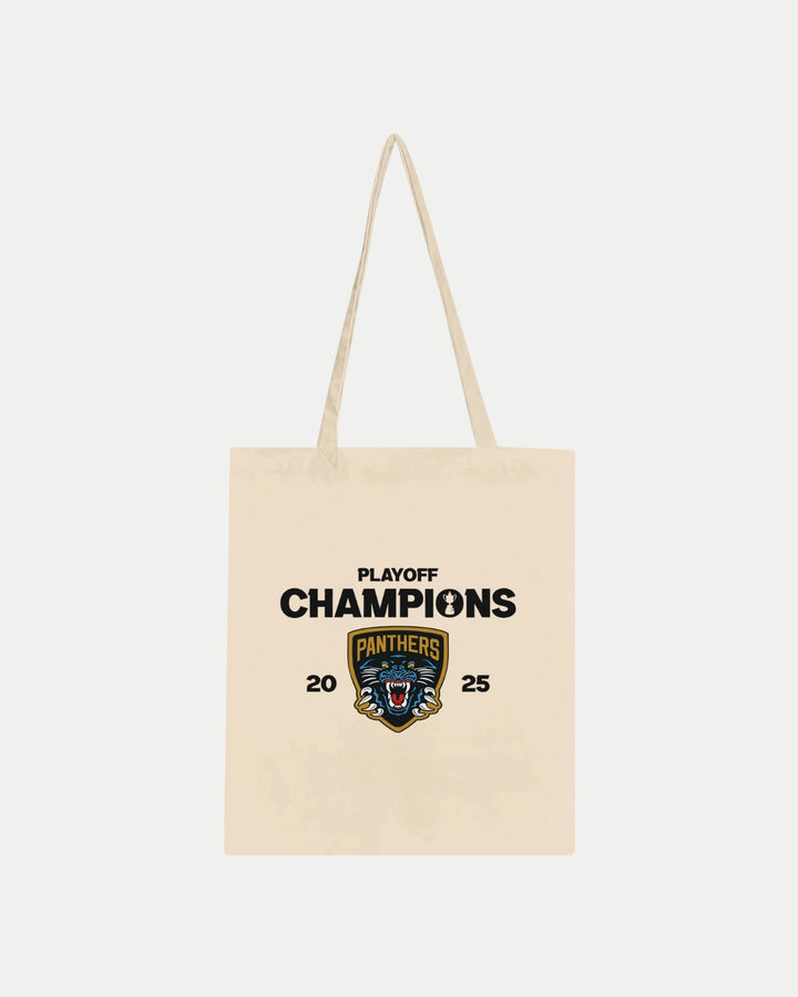 The Nottingham Panthers Made To Order Playoff Champions Panthers 2025 Tote Bag Natural features a beige, 100% cotton design with a panther logo—ideal for fans seeking an eco-friendly tote.
