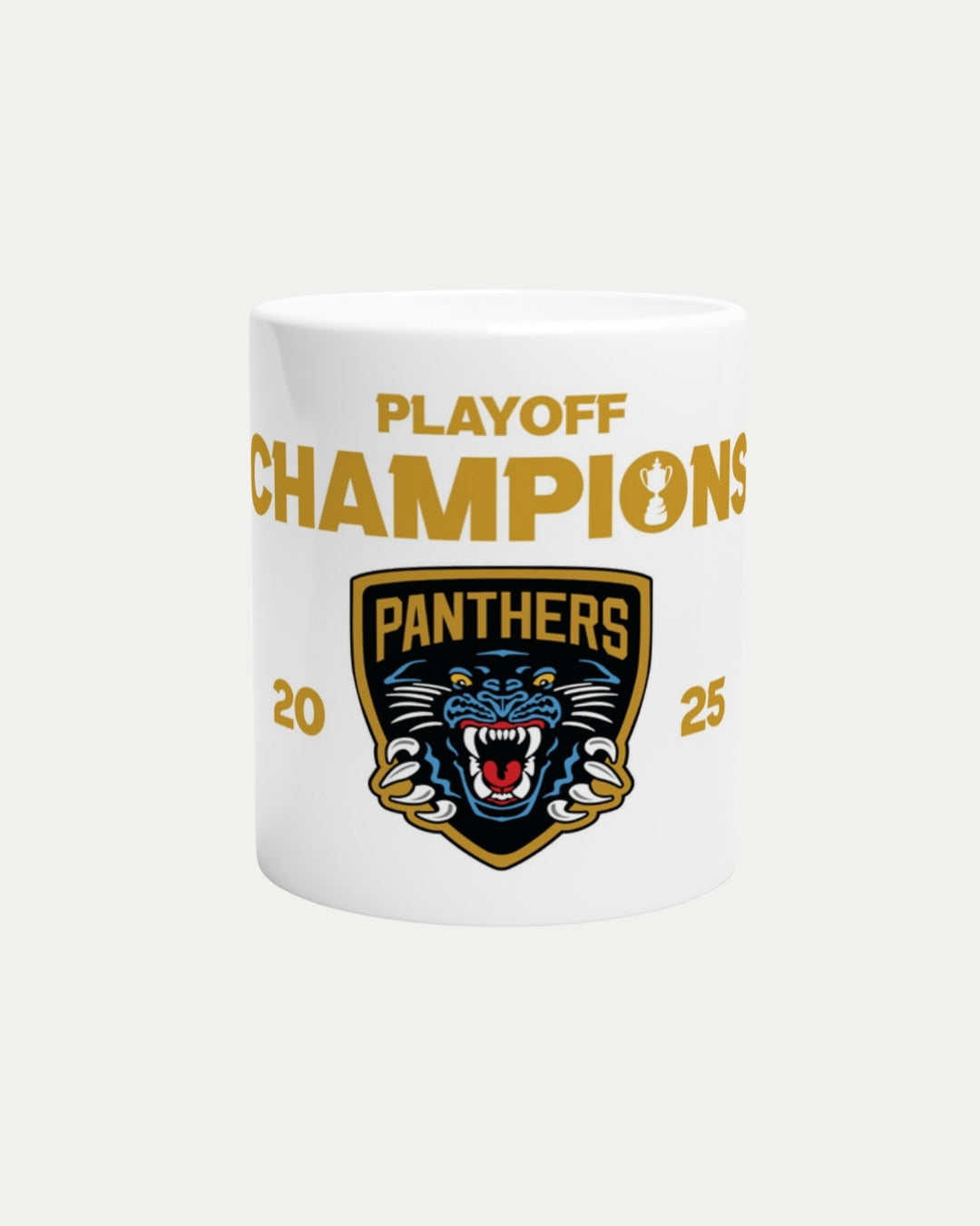 The Nottingham Panthers Made To Order Playoff Champions 2025 White 11oz Ceramic Mug features gold Playoff Champions 2025 text above and beside a black and gold panther shield logo. Its microwave and dishwasher safe for everyday use.