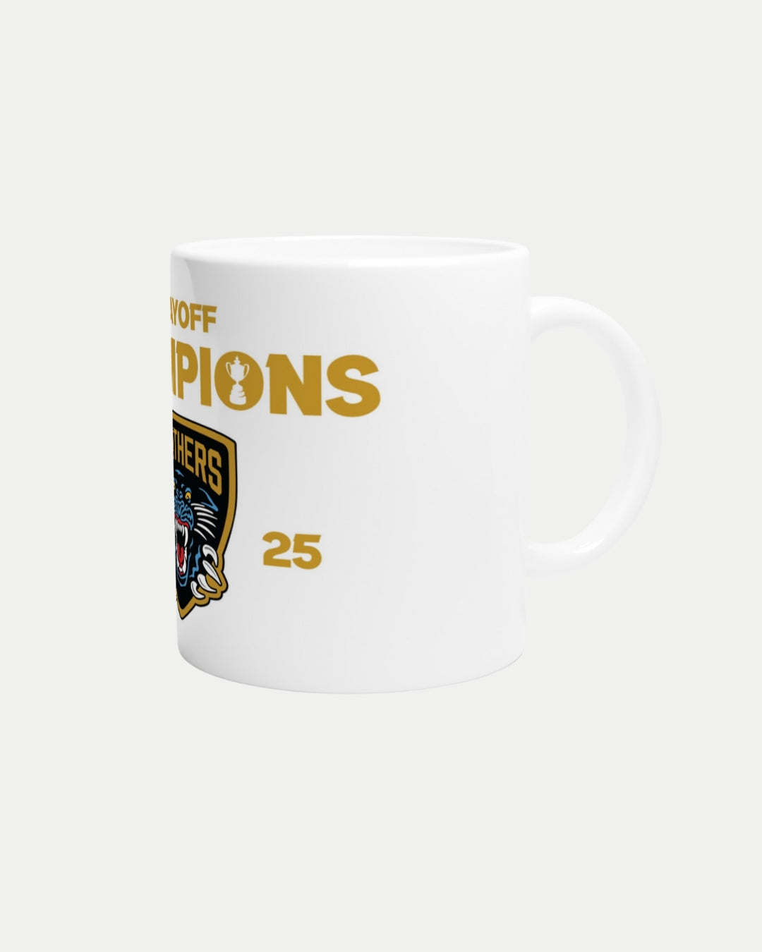 The Nottingham Panthers Made To Order Playoff Champions 2025 White 11oz Ceramic Mug features gold CHAMPIONS and 25, a partial roaring panther logo, and PANTHERS in black and gold. Dishwasher safe for easy cleaning.