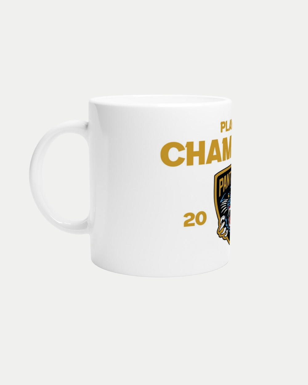 The Nottingham Panthers Made To Order Playoff Champions 2025 White 11oz Ceramic Mug features partial gold text, part of a black and gold panther logo, the number 20, and is dishwasher and microwave safe.