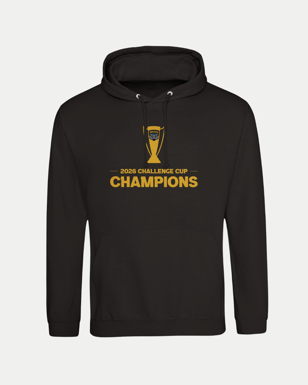 The Nottingham Panthers 2026 Challenge Cup Champions Pullover Hoodie is a black, unisex hoodie featuring a gold trophy graphic and “2026 Challenge Cup Champions” text in gold and white, made from soft ringspun cotton for comfort and style.