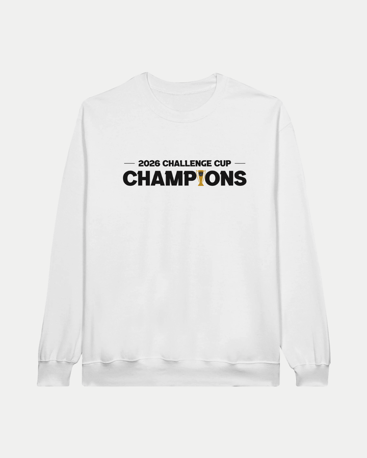 The Nottingham Panthers 2026 Challenge Cup Champions Crewneck Sweatshirt features white ringspun cotton, "2026 CHALLENGE CUP CHAMPIONS" in bold black with a gold trophy for the "I", and a classic fit fleece for comfort and style. Made to order.