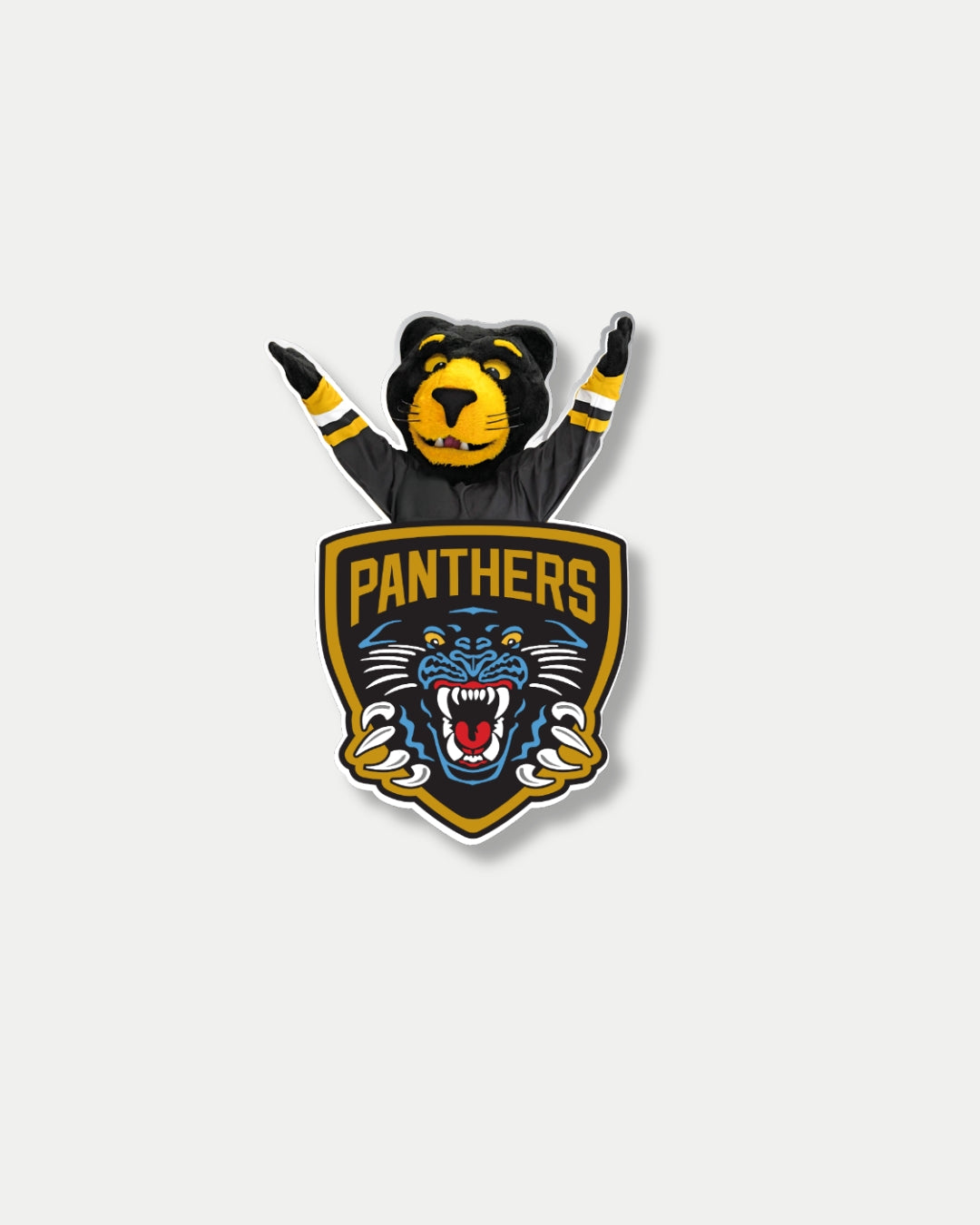 A person in a black and yellow panther mascot costume stands with arms raised behind a shield-shaped sign that says PANTHERS, similar to the design on the Nottingham Panthers Paws Pin Badge by Panthersland.