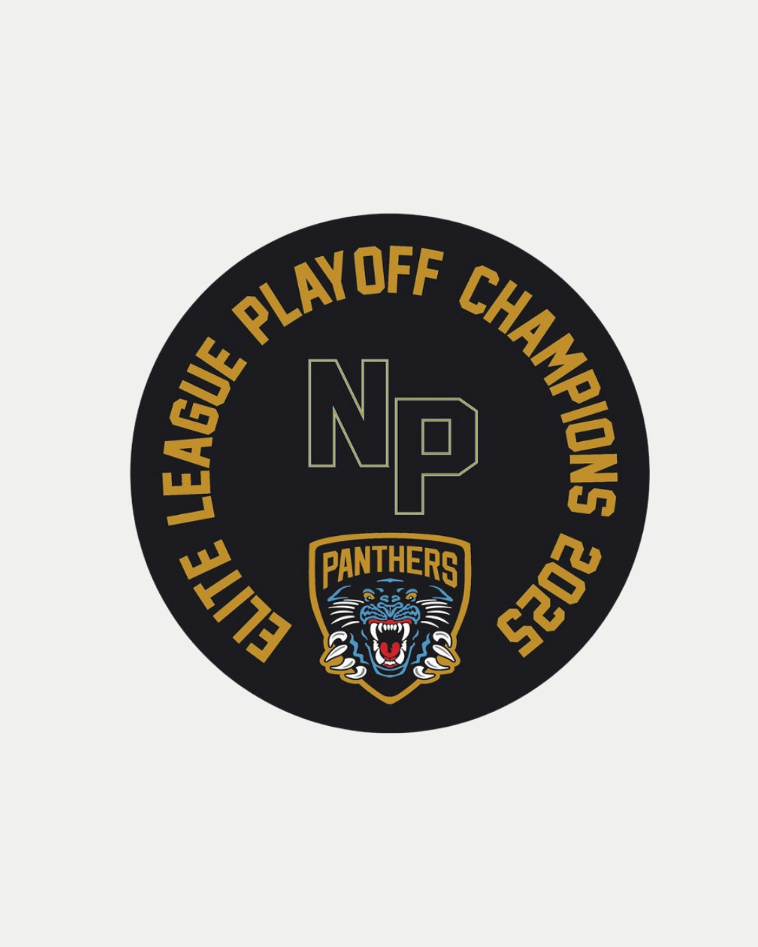 The Nottingham Panthers Playoff Winners Sticker by Panthersland is a black, 15cm circular badge with gold text ELITE LEAGUE PLAYOFF CHAMPIONS 2025, featuring NP above a roaring panther and the word PANTHERS at the center.