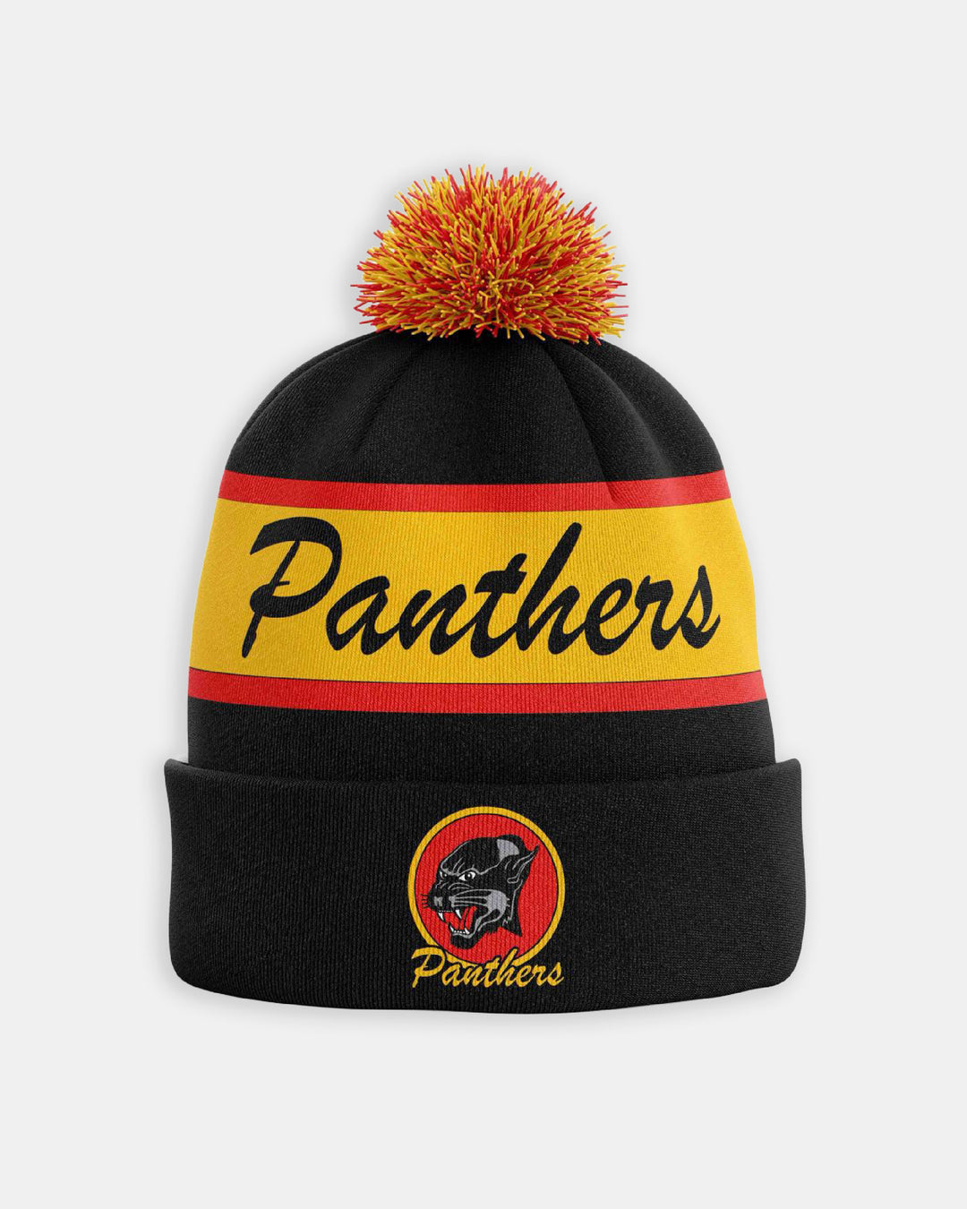 The Panthersland Nottingham Panthers 25-26 Retro Black Beanie features red and yellow stripes, a matching pom-pom, "Panthers" across the front, and a panther logo with embroidered text on the cuff.