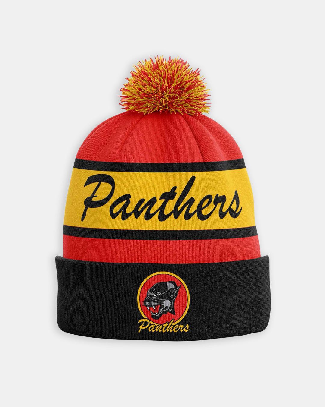 The Panthersland Nottingham Panthers 25-26 Retro Red Beanie features red, yellow, and black colors with a yellow-red pom-pom. "Panthers" is across the middle, and the cuff shows a panther logo above "Panthers" in yellow script.