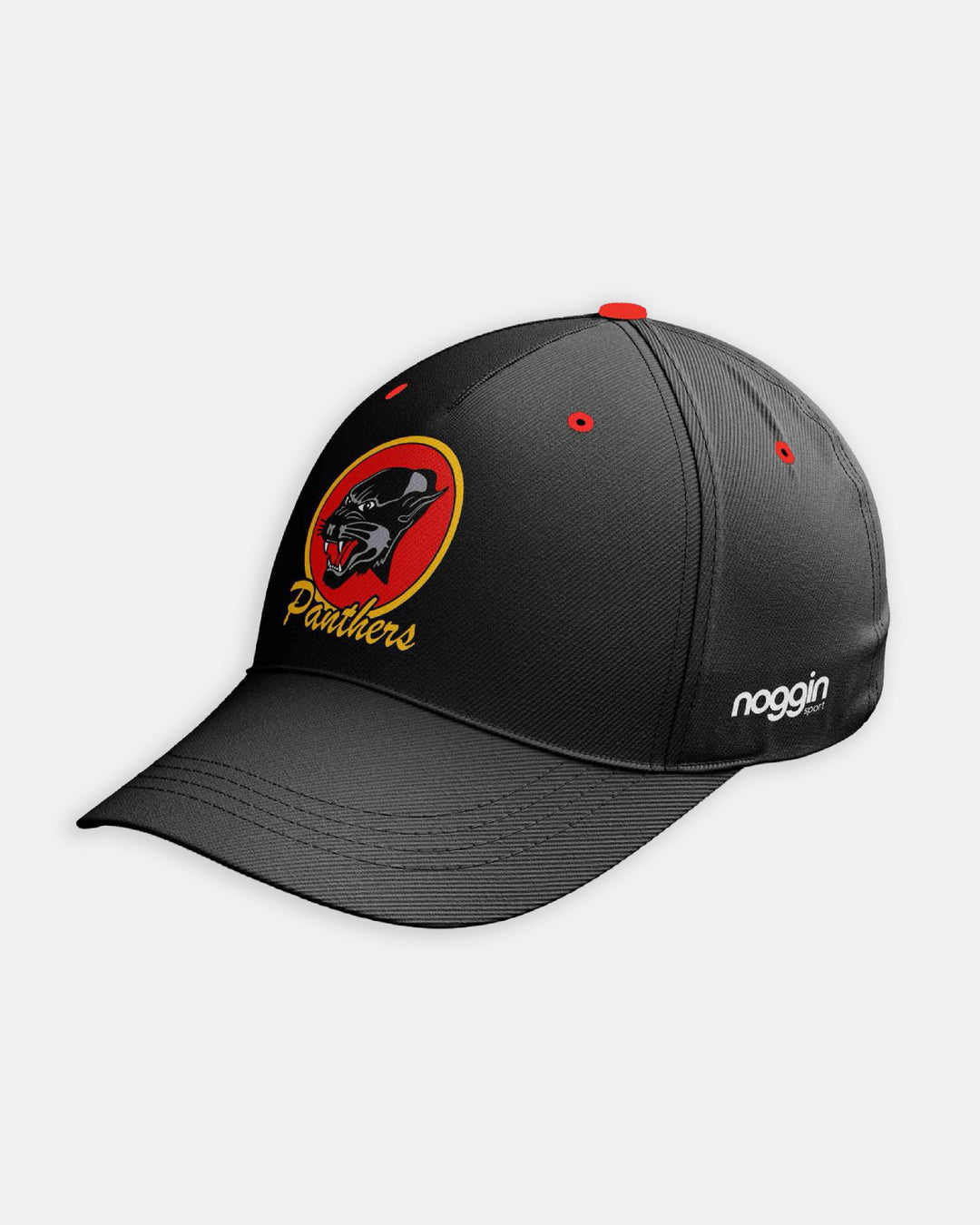 The Panthersland Nottingham Panthers 25-26 Retro Black Cap features a snarling panther head in a red and yellow logo on the front, with "noggin" embroidered in white on the side.