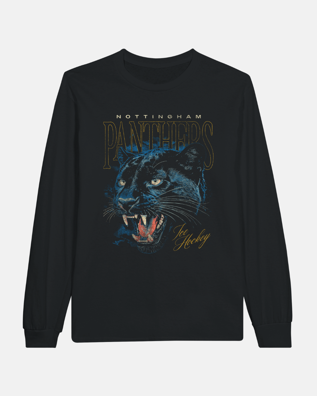 Black Nottingham Panthers Vintage Panther Graphic Longsleeve T-shirt featuring a graphic of a snarling panther with the text Nottingham Panthers and Ice Hockey.