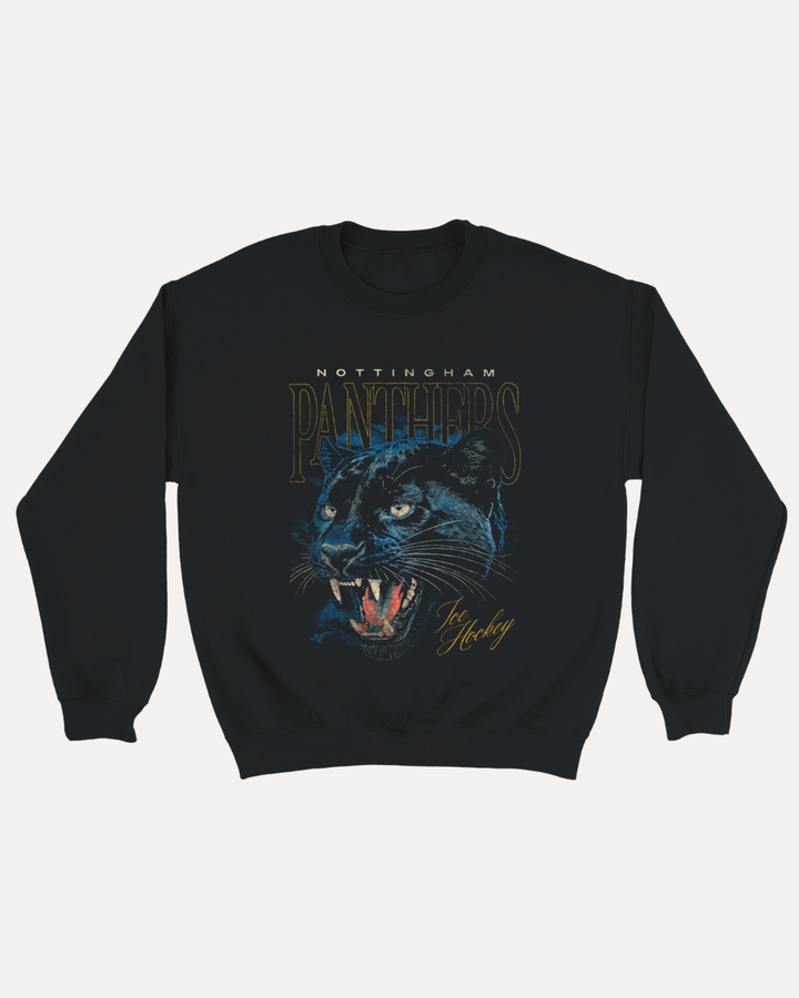 Black Nottingham Panthers Vintage Panther Graphic Sweatshirt featuring a roaring panther graphic with the text Nottingham Panthers and Ice Hockey.