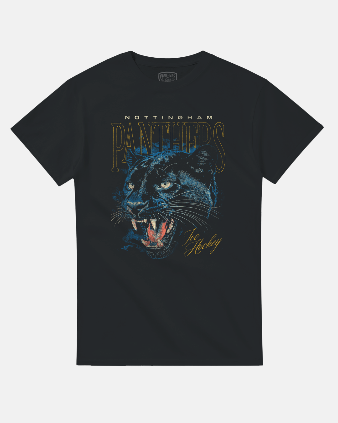 Black heavyweight cotton Nottingham Panthers Vintage Panther Graphic T-shirt featuring a snarling panther graphic and text reading Nottingham Panthers and Ice Hockey in a classic fit.