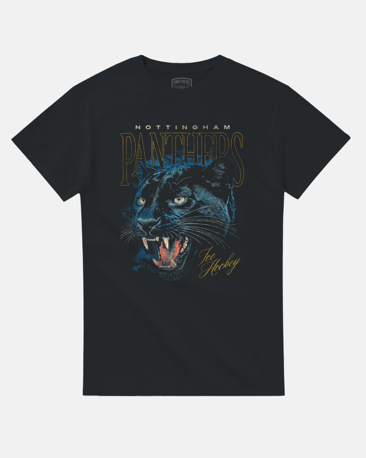 Black heavyweight cotton Nottingham Panthers Vintage Panther Graphic T-shirt featuring a snarling panther graphic and text reading Nottingham Panthers and Ice Hockey in a classic fit.