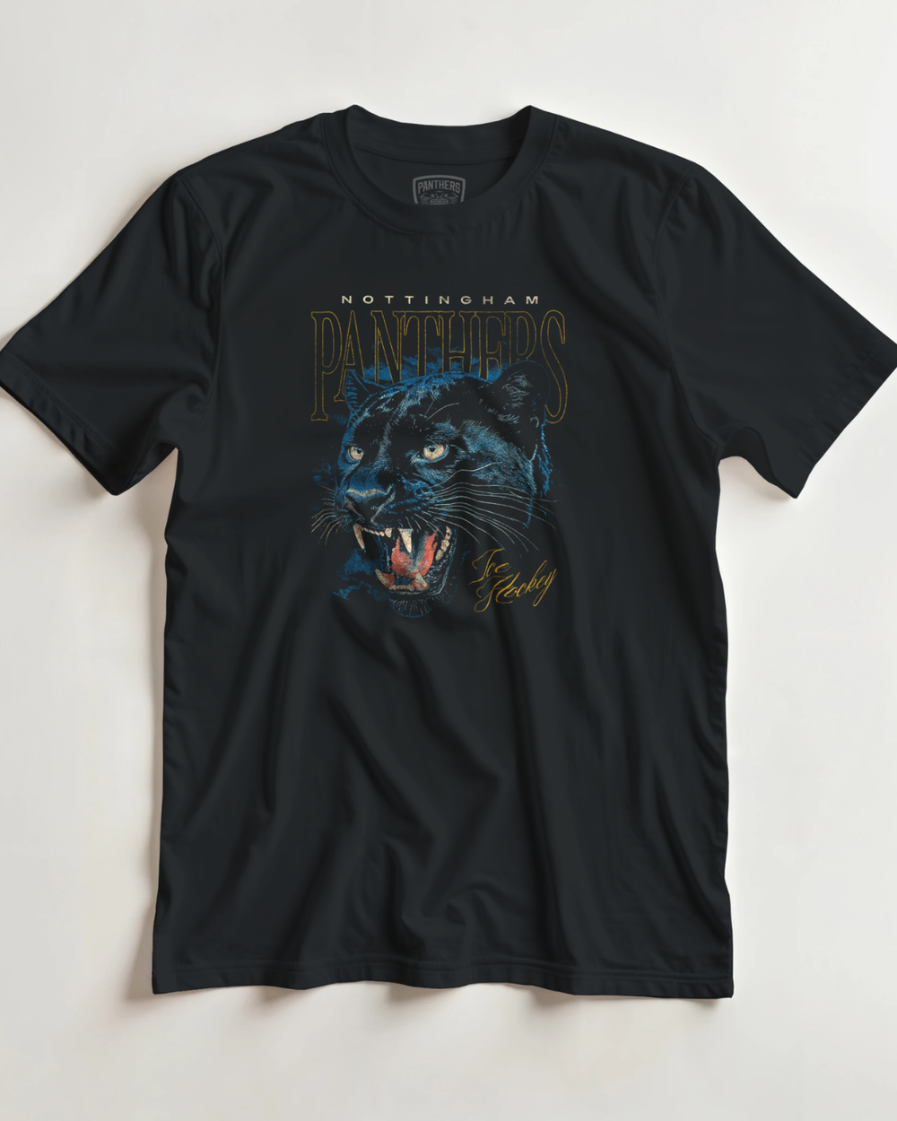 Nottingham Panthers Vintage Panther Graphic T-shirt in black heavyweight cotton featuring a snarling panther head graphic with the text Nottingham Panthers and Ice Hockey.