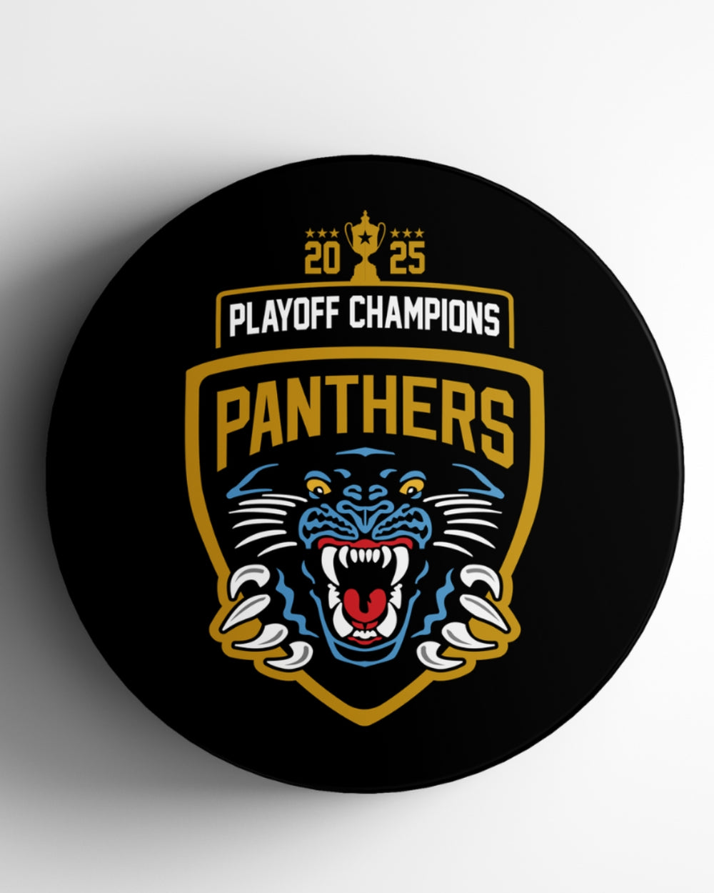 The Panthersland Panthers 2025 Playoff Champions Puck features a round black emblem with 2025 PLAYOFF CHAMPIONS on top, bold yellow PANTHERS, and a roaring panther’s head with sharp claws, embodying championship energy.